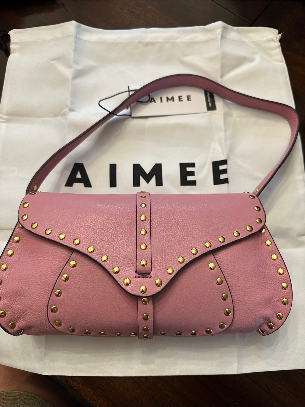Aimee Kestenberg Pink Pebbled Leather Studded Shoulder Bag